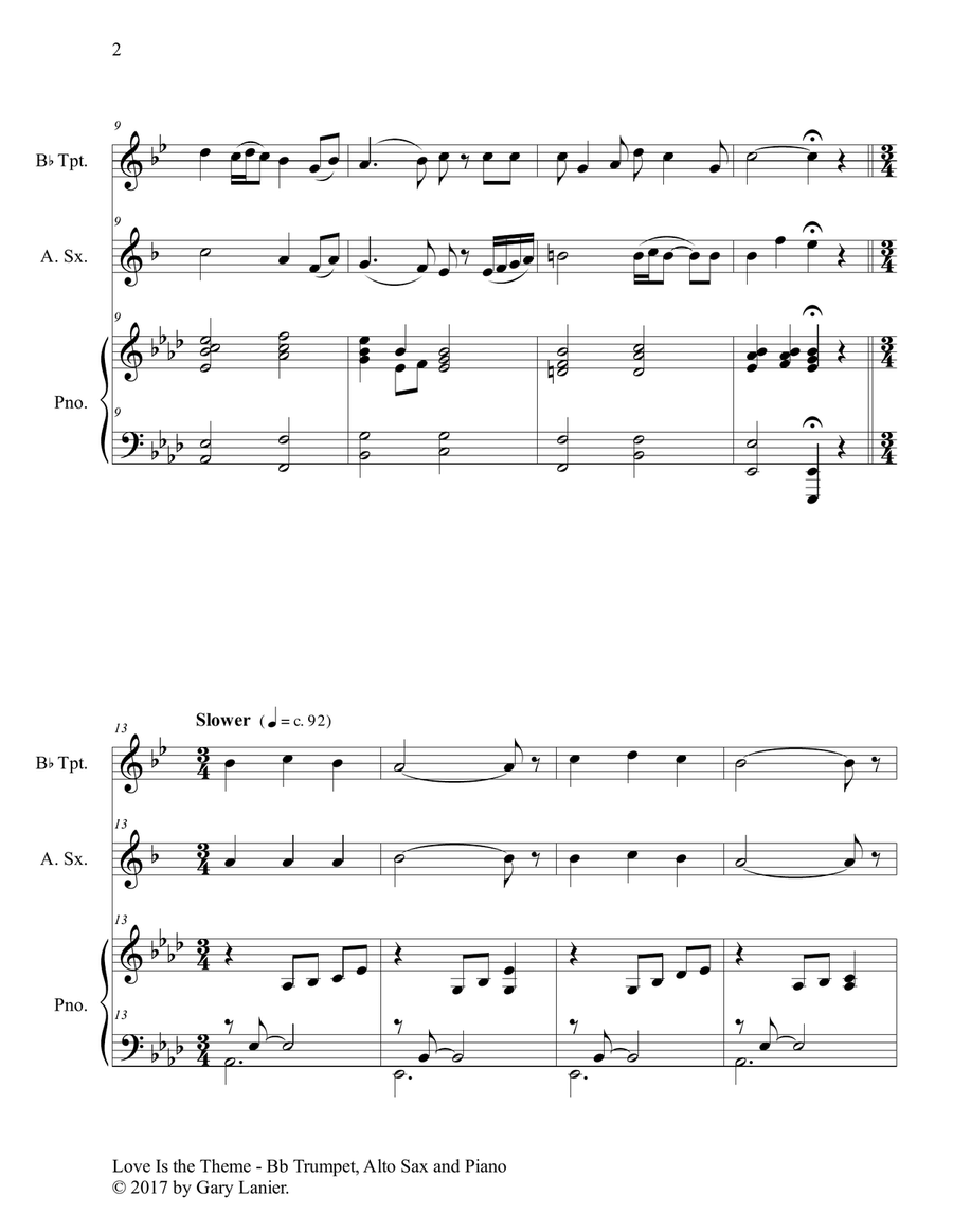 LOVE IS THE THEME (Trio – Bb Trumpet, Alto Sax & Piano with Score/Parts) Alto Saxophone scores gallery preview page 3