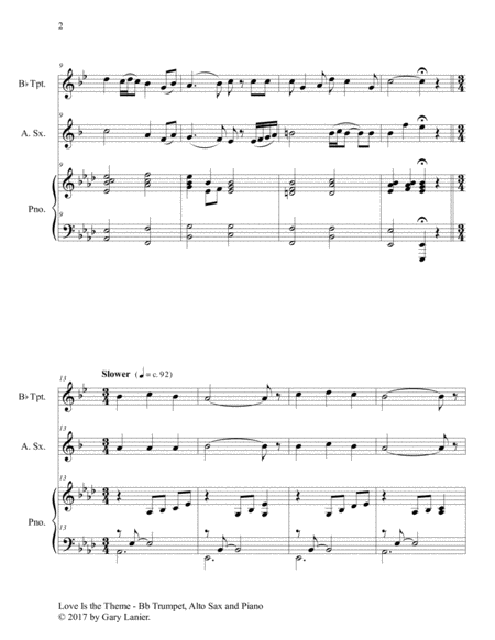 LOVE IS THE THEME (Trio – Bb Trumpet, Alto Sax & Piano with Score/Parts) image number null