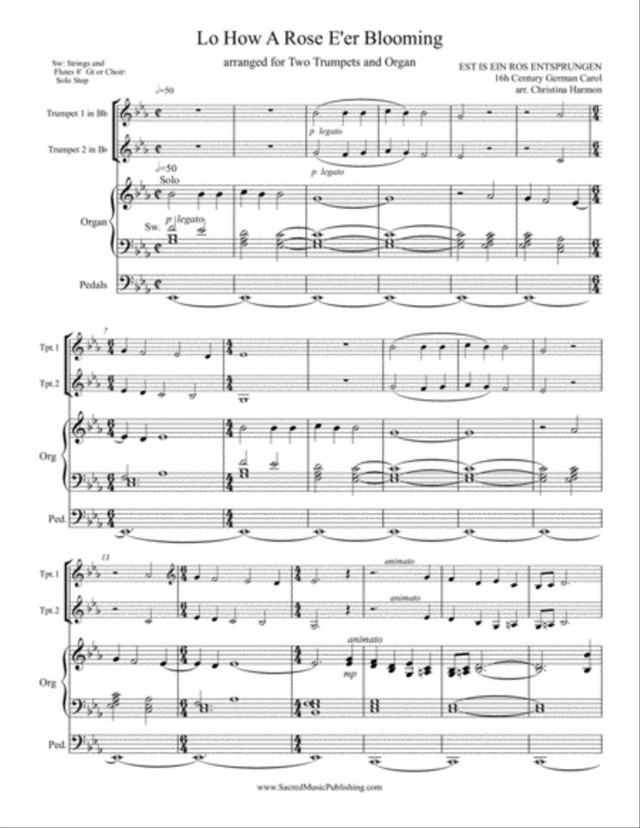 Lo, How A Rose E’er Blooming - Two Trumpets and Organ Trumpet Duet scores gallery preview page 2