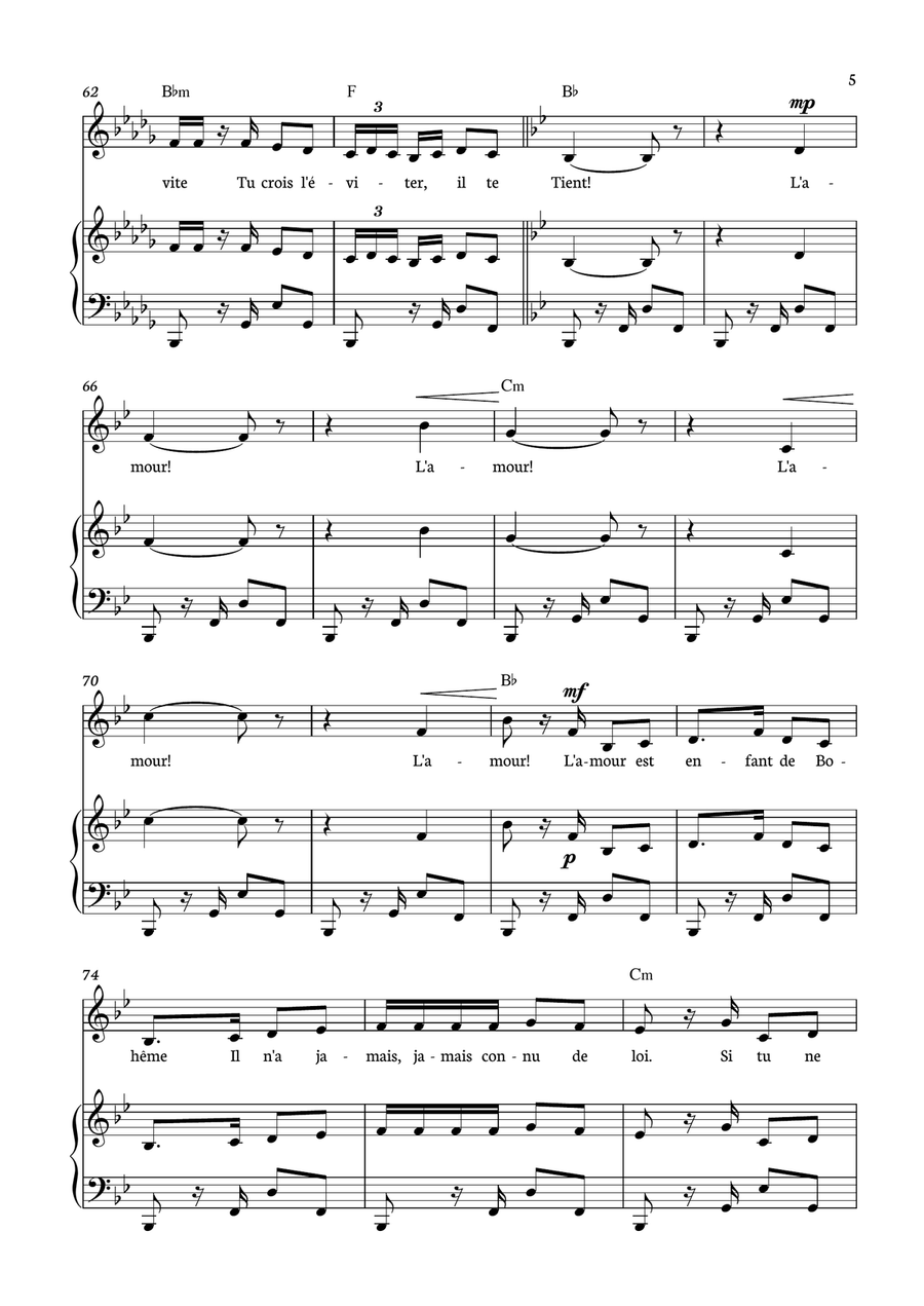 Habanera - Carmen for piano, chords and voice in Bb minor. Piano, Vocal scores gallery preview page 5
