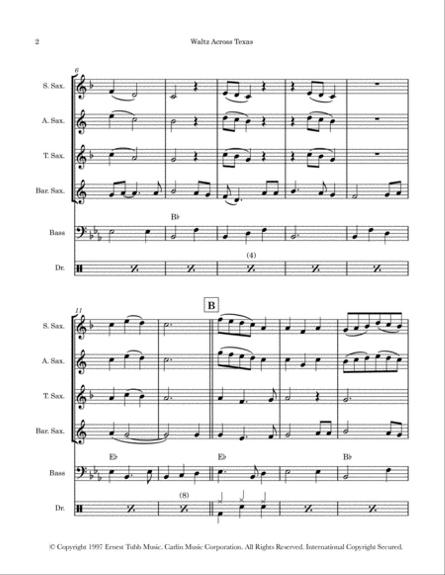 Waltz Across Texas Saxophone Quartet scores gallery preview page 2