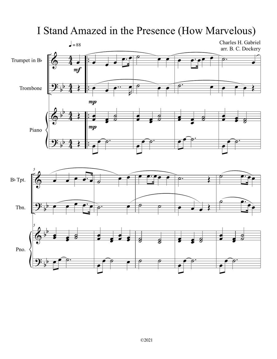 I Stand Amazed in the Presence (How Marvelous) for trumpet and trombone duet with optional piano acc Brass Duet scores gallery preview page 1