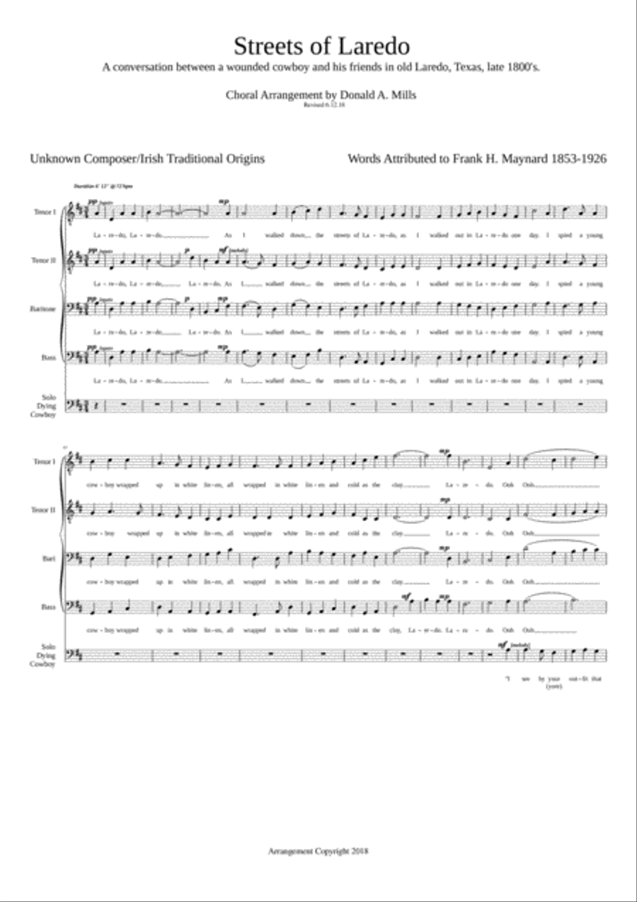 The Streets of Laredo, Streets of Laredo, The Cowboy's Lament TTBB scores gallery preview page 1