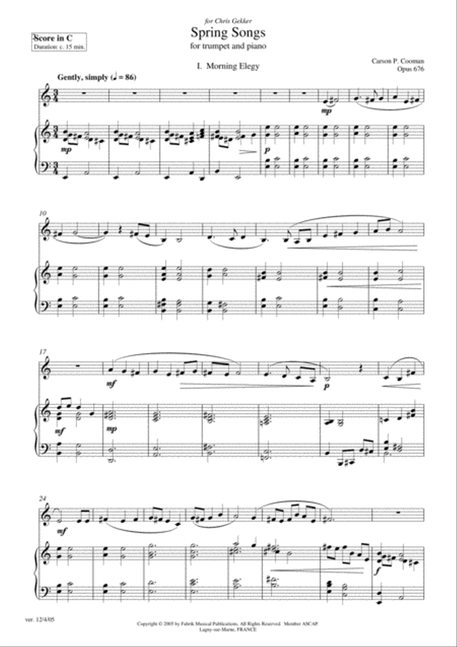 Carson Cooman: Spring Songs (2005) for Bb or C trumpet and piano C Trumpet scores gallery preview page 2