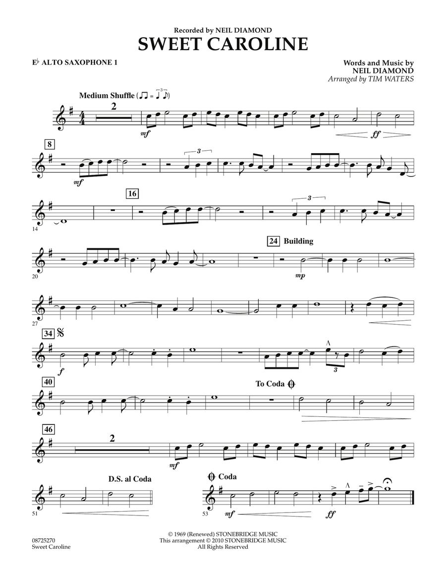 Sweet Caroline - Eb Alto Saxophone 1 Concert Band scores gallery preview page 1