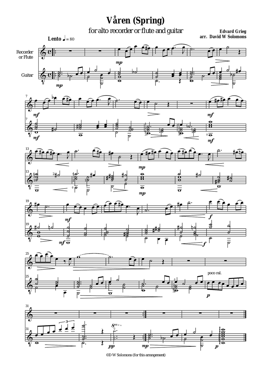 Våren (Spring) for flute (or alto recorder) and guitar Small Ensemble scores gallery preview page 1