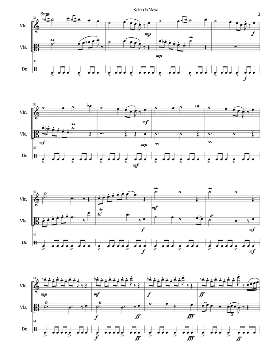 Kalenda Maya for violin, viola and drum Small Ensemble scores gallery preview page 3