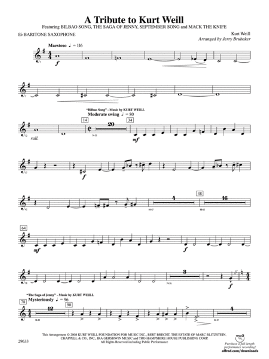 A Tribute to Kurt Weill: E-flat Baritone Saxophone Concert Band scores gallery preview page 1