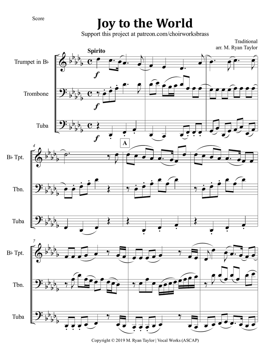 Joy to the World for Brass Trio (Trumpet, Trombone, Tuba) Brass Trio scores gallery preview page 1