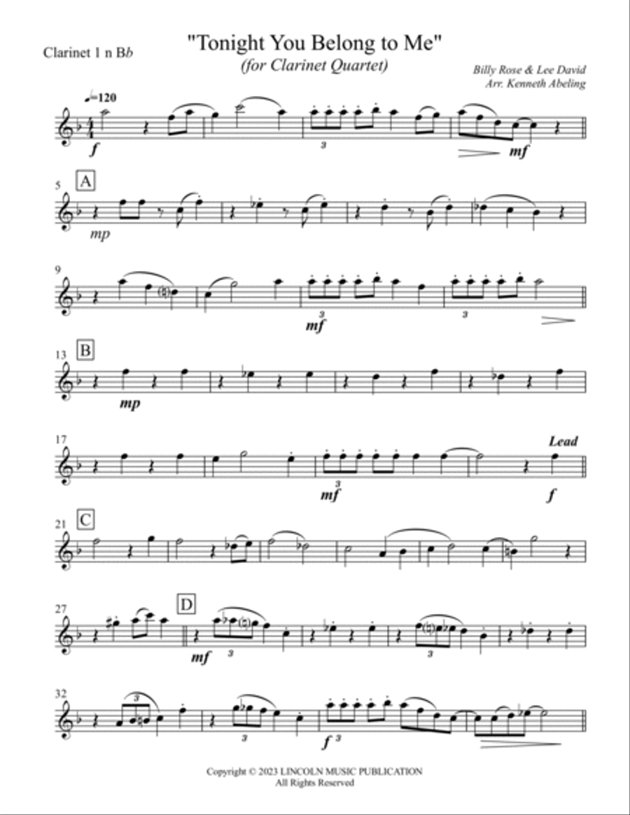 Tonight You Belong to Me (for Clarinet Quartet) Clarinet Quartet scores gallery preview page 6