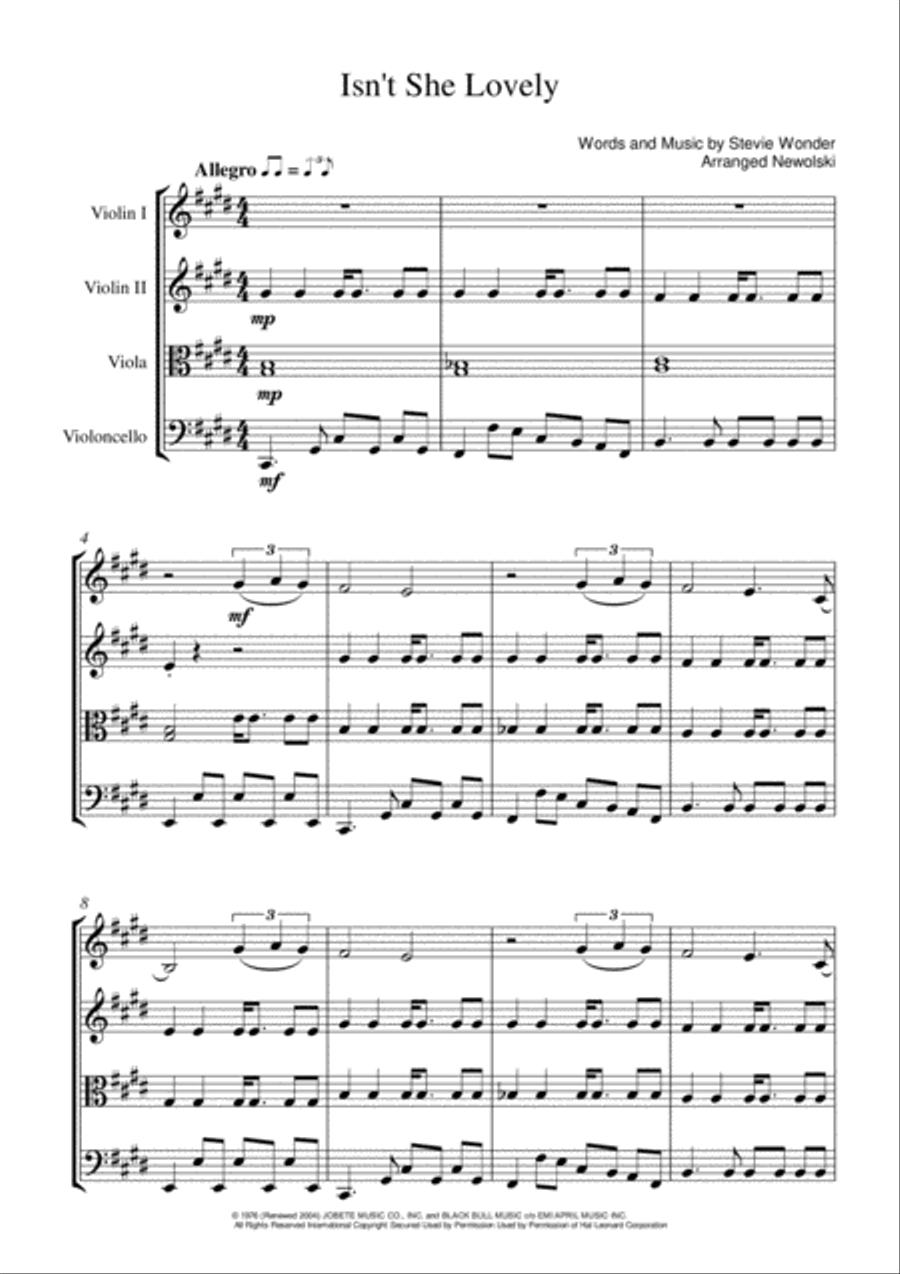Isn't She Lovely String Quartet scores gallery preview page 1