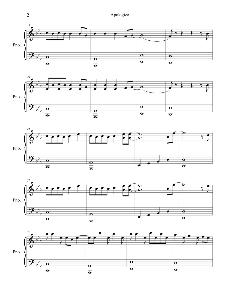 Apologize Apologize Easy Piano scores gallery preview page 2