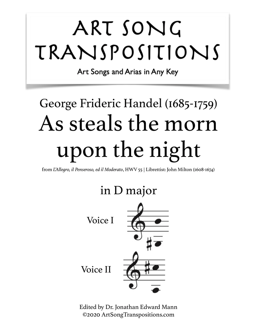 HANDEL: As steals the morn upon the night (transposed to D major) Piano scores gallery preview page 1