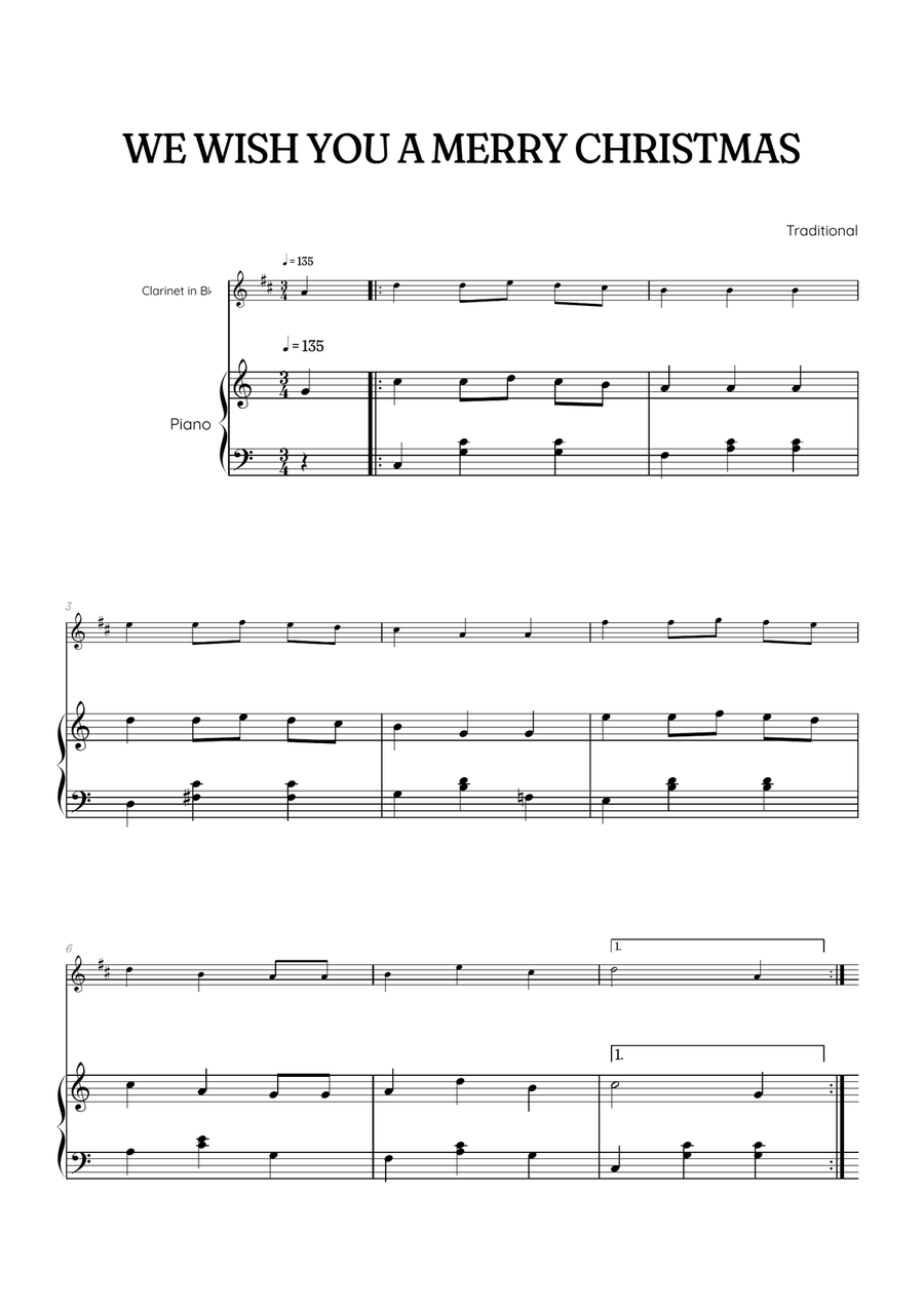 We Wish You a Merry Christmas • Christmas Song | clarinet sheet music w/ piano accompaniment B-Flat Clarinet scores gallery preview page 1