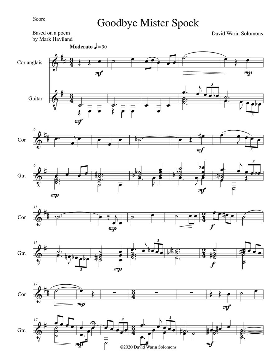 Goodbye Mister Spock for cor anglais and guitar English Horn scores gallery preview page 1