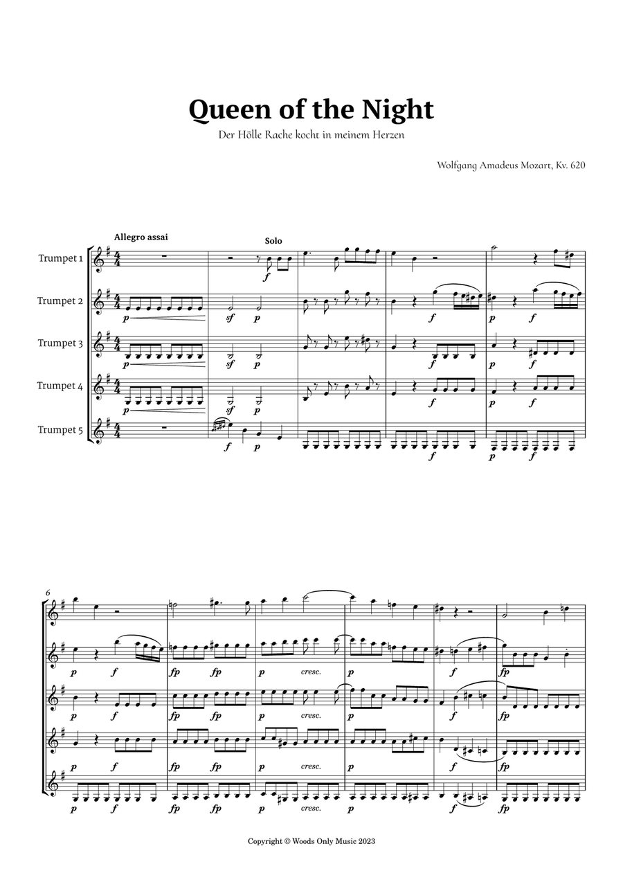 Queen of the Night Aria by Mozart for Trumpet Quintet Brass Quintet scores gallery preview page 1