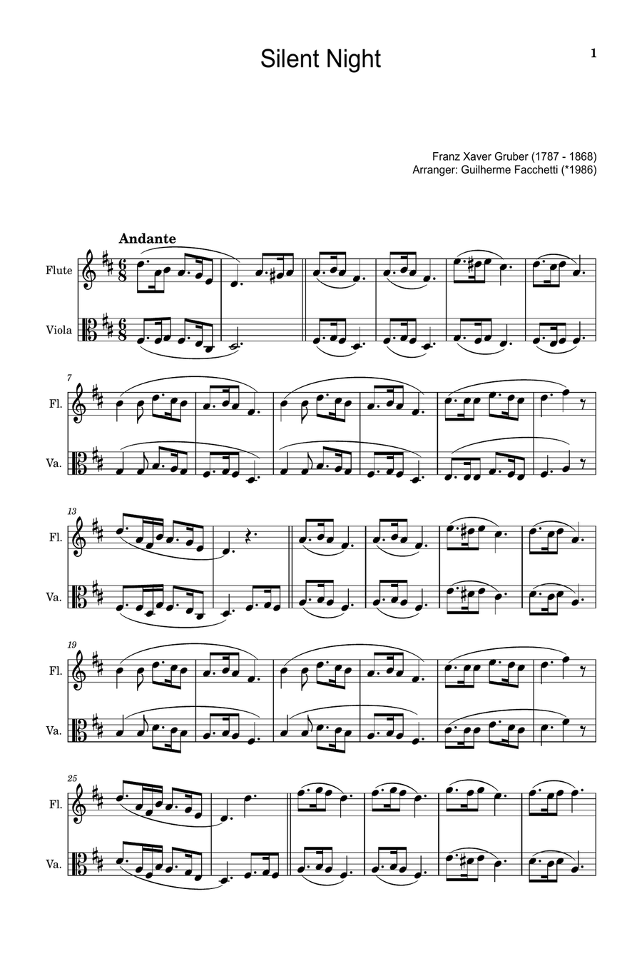 Silent Night - Arranged for Flute and Viola. Chamber Music scores gallery preview page 1