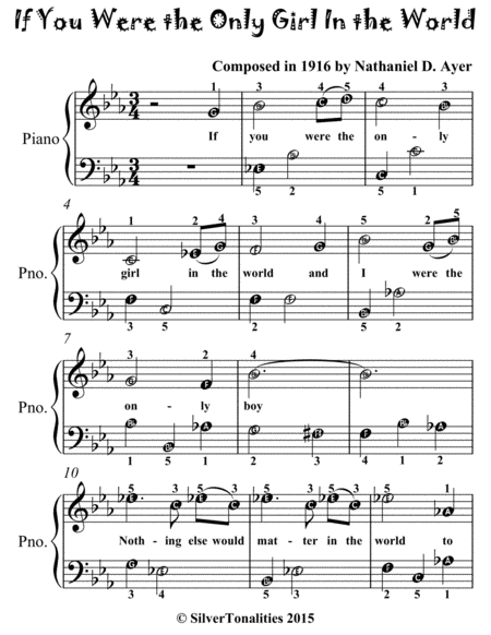 If You Were the Only Girl In the World Easiest Piano Sheet Music for Beginner Pianists