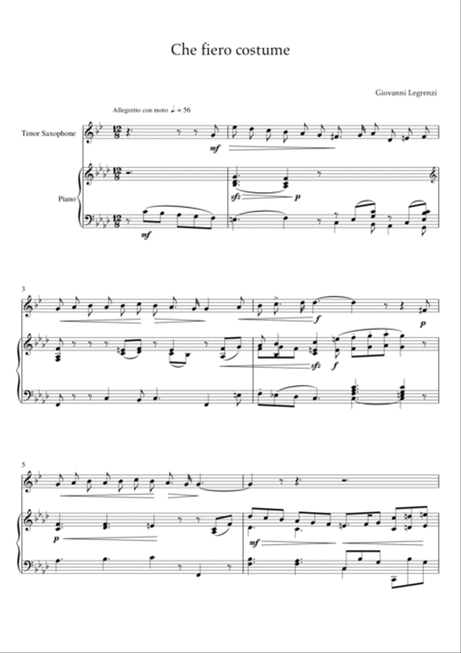 Legrenzi - Che fiero costume (Piano and Tenor Sax) Small Ensemble scores gallery preview page 2