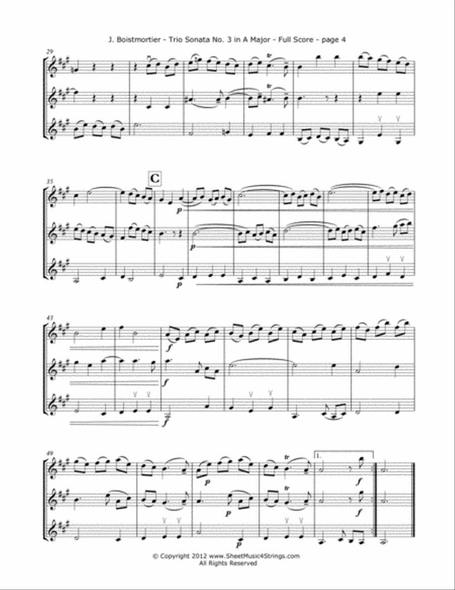 Boismortier, J. - Sonata No. 3 (Mvt.1) for Three Violins String Trio scores gallery preview page 4
