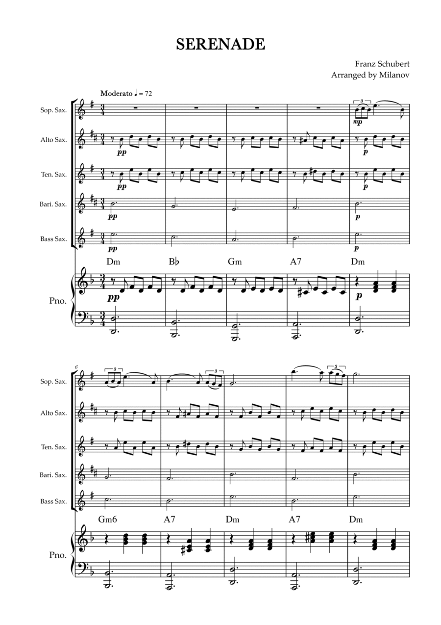 Serenade | Schubert | Saxophone Quintet | Piano | Chords Saxophone Quintet scores gallery preview page 1