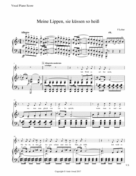 "Meine lippen sie küssen so heiß" Aria from Giuditta by Franz Lehar for Mezzo-Soprano (Piano -Vocal Score)  in D minor (transposed 1 tone lower)