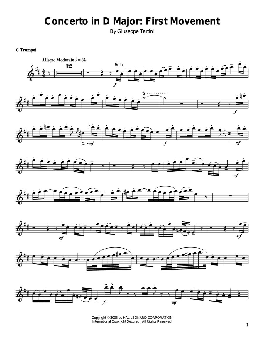 Concerto In D Major: First Movement Trumpet scores gallery preview page 1