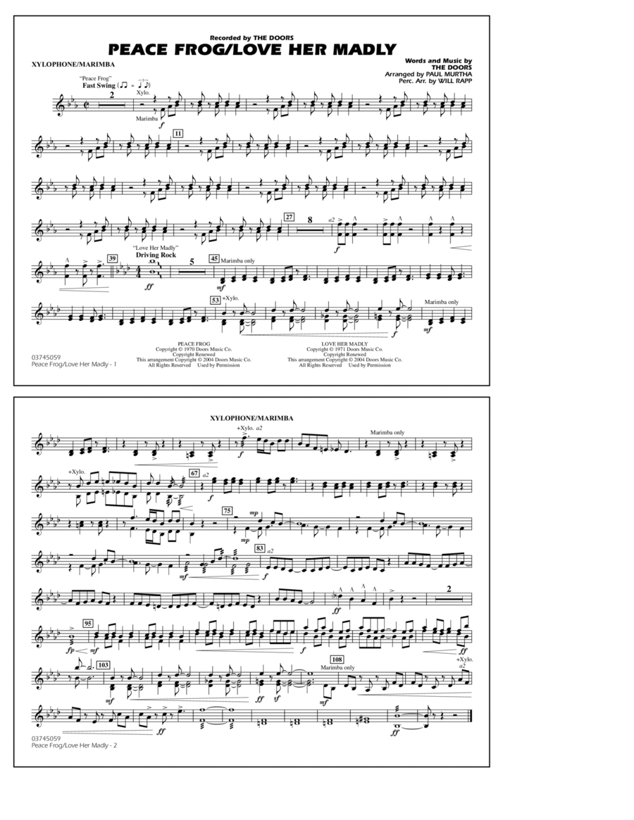 Peace Frog/Love Her Madly (arr. Paul Murtha) - Xylophone/Marimba Marching Band scores gallery preview page 1