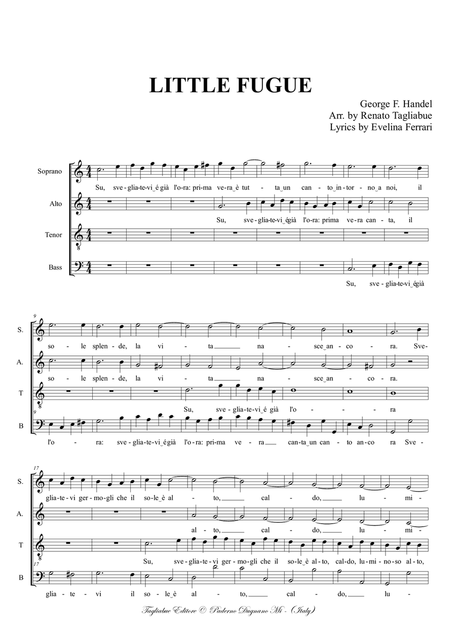 LITTLE FUGUE - by Handel - for SATB Choir in vocalization, or with italian Lyrics 4-Part scores gallery preview page 2