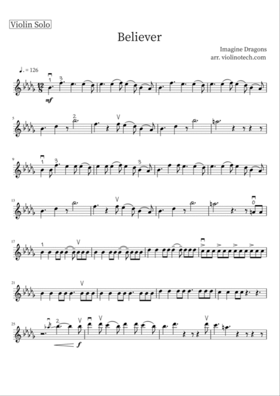 Believer by Imagine Dragons - Violin Solo - Digital Sheet Music