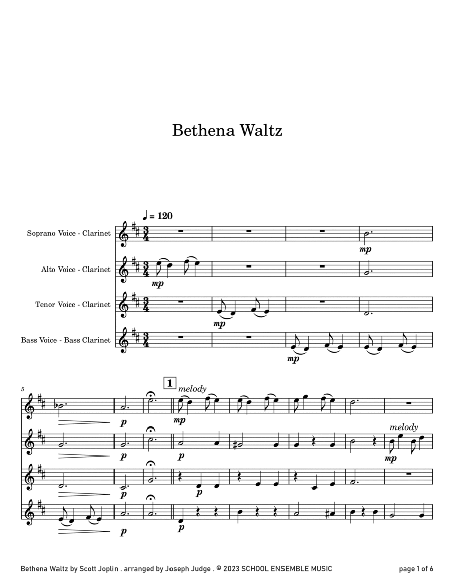Bethena Waltz by Scott Joplin for Clarinet Quartet in Schools Clarinet Quartet scores gallery preview page 1
