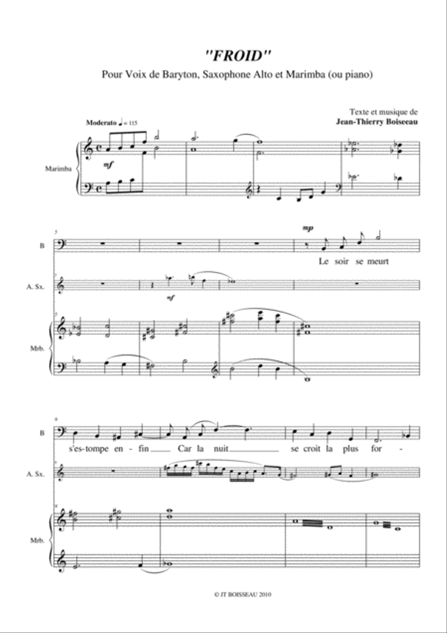 Jean-Thierry Boisseau Froid for baritone voice, alto saxophone and maribma (or piano) Small Ensemble scores gallery preview page 3