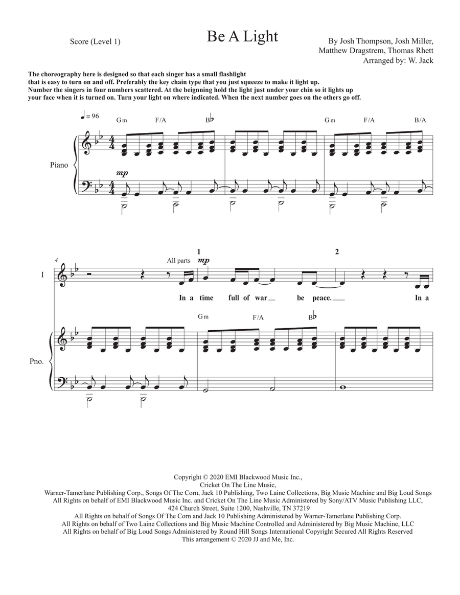 Be A Light Unison Choir scores gallery preview page 1