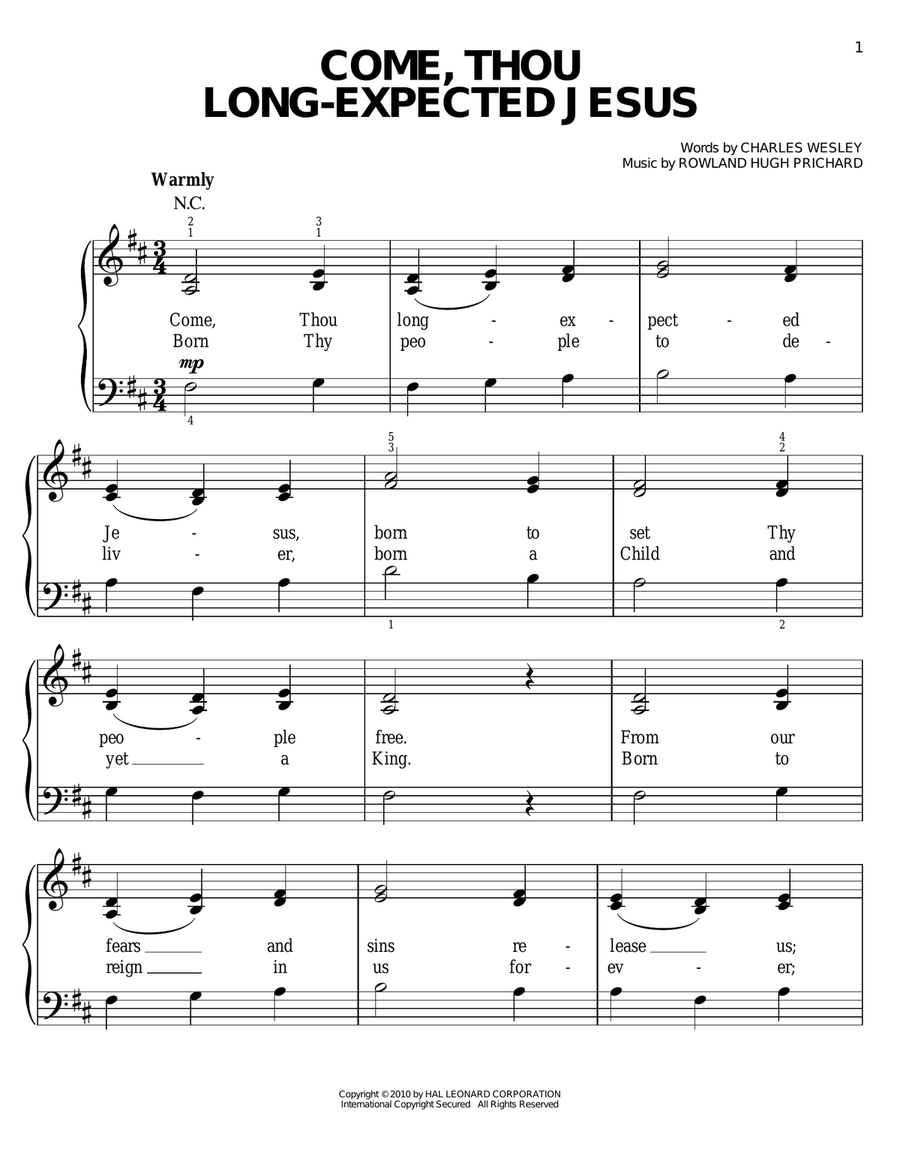 Come, Thou Long-Expected Jesus Easy Piano scores gallery preview page 1
