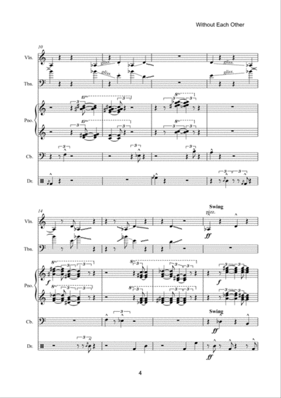 Without Each Other for Violin, Trombone, Piano, Contrabass and Drums Double Bass scores gallery preview page 3