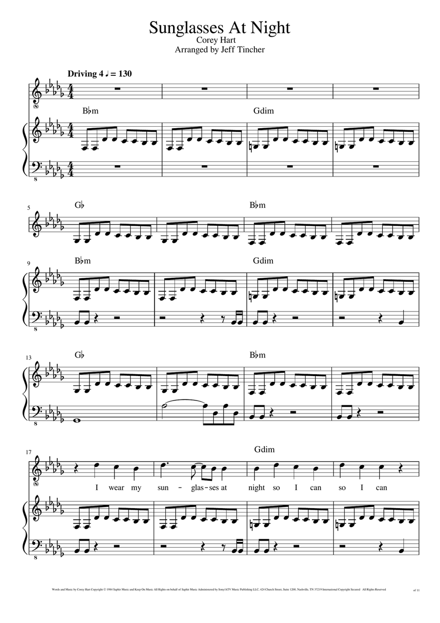 Sunglasses at night 2025 sheet music