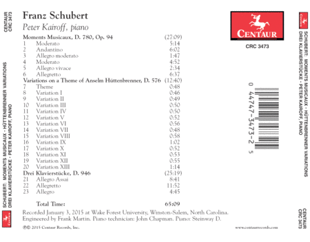 Schubert: Moments Musicaux, Op. 94, D. 780 - Variations on a Theme of Anselm Huttenbrenner, D. 576 - Drei Klavierstucke, D. 946