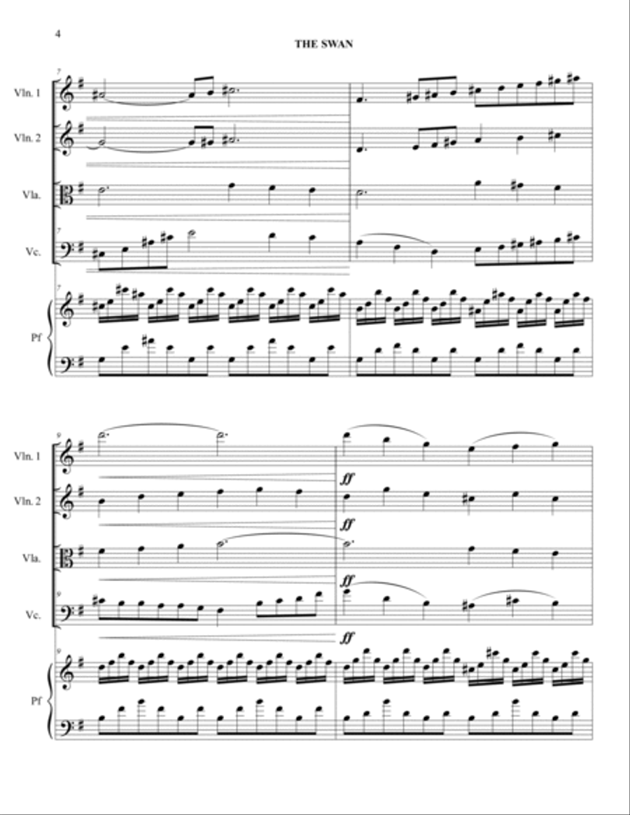 THE SWAN (LE CYGNE) - C. Saint Saens - Arr. for String quartet and Piano Piano Quintet scores gallery preview page 4
