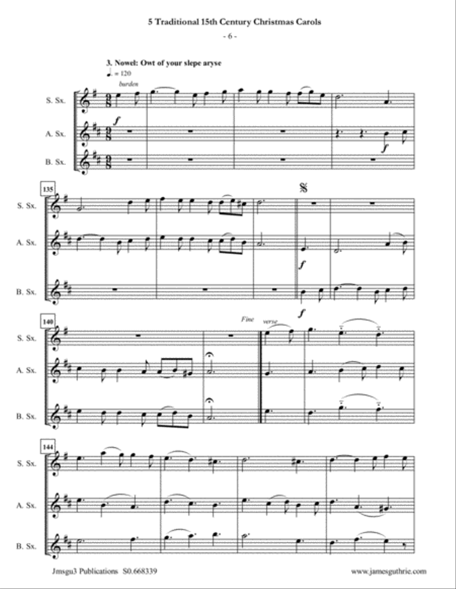 5 Traditional 15th Century Christmas Carols for Soprano, Alto & Baritone Sax Trio Woodwind Trio scores gallery preview page 6