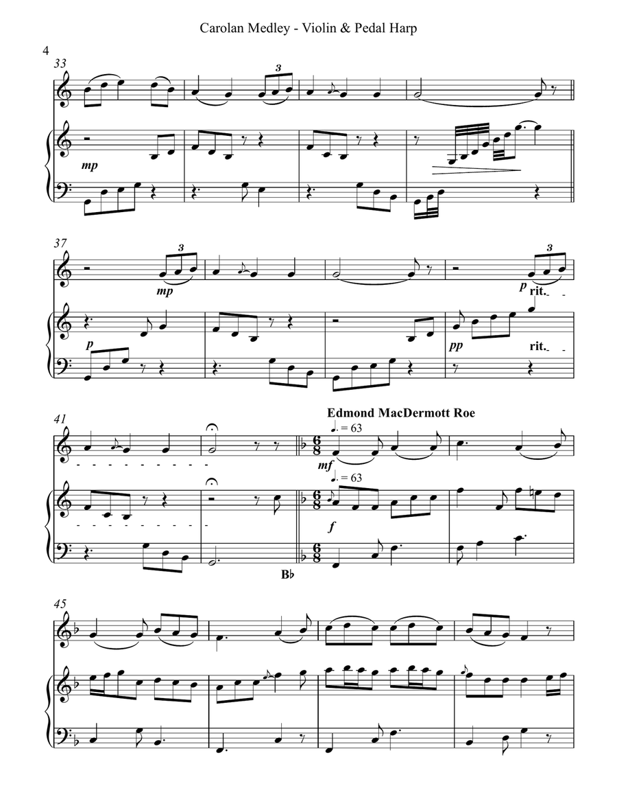 Carolan Medley, Duet for Violin and Pedal Harp String Duet scores gallery preview page 4