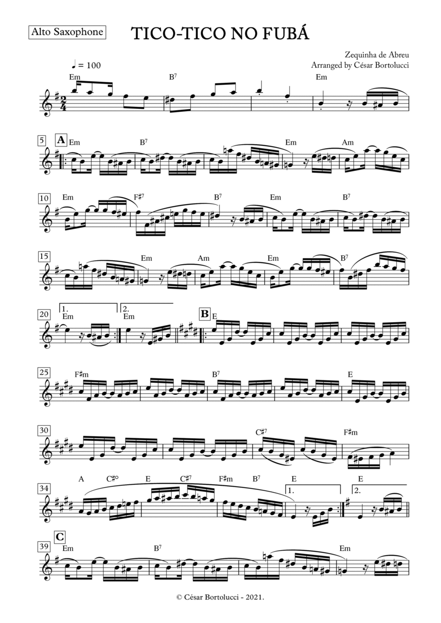 Tico-tico no Fubá - Alto Sax with chords Alto Saxophone scores gallery preview page 1