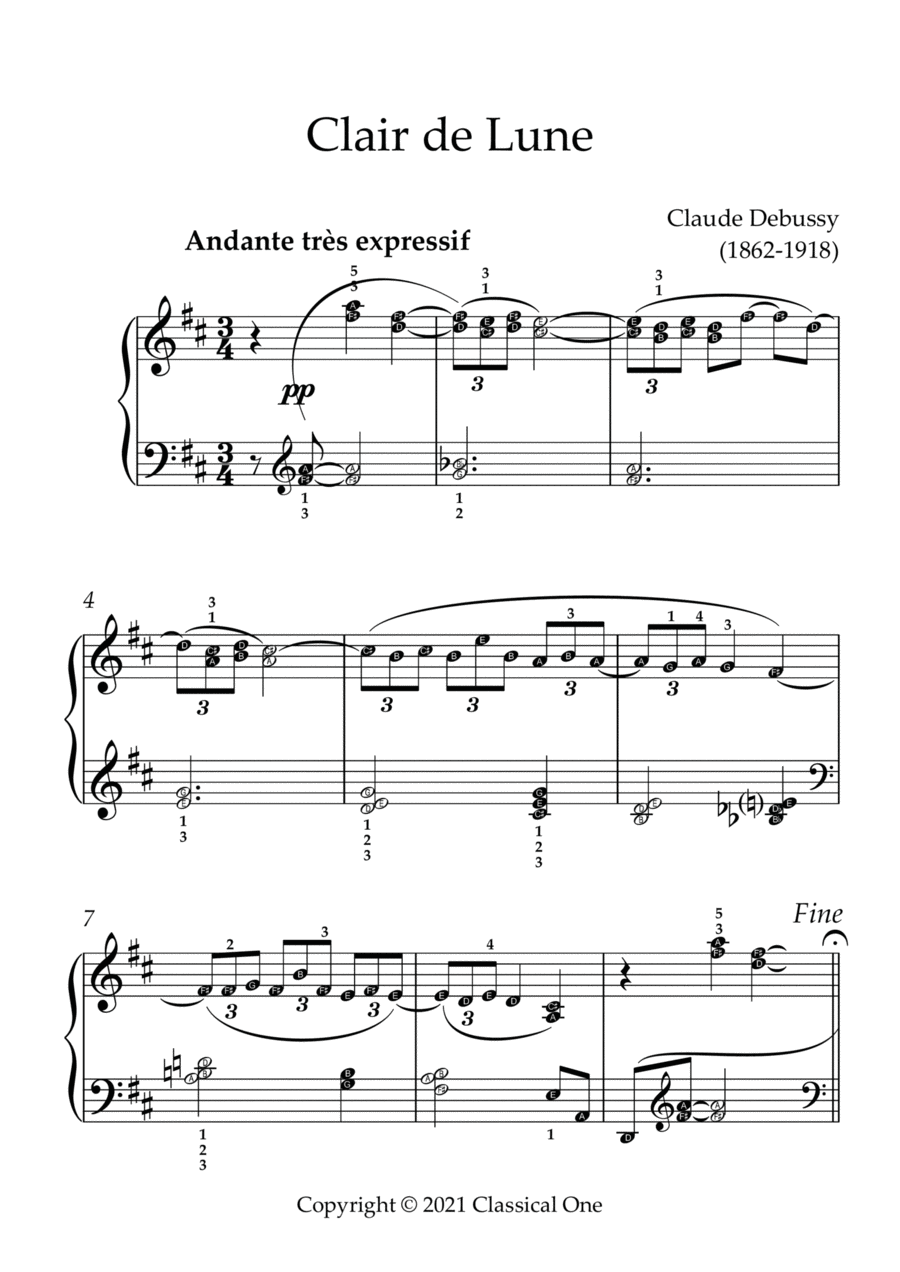 Debussy - Clair de Lune(With Note name) Easy Piano scores gallery preview page 1