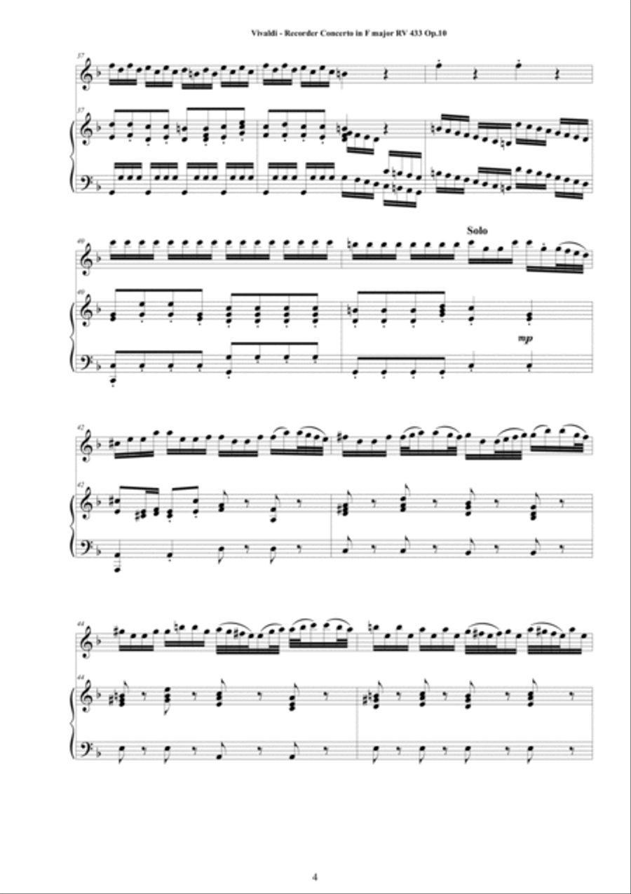 Vivaldi - Recorder Concerto No.1 in F major RV 433 Op.10 for Sopranino Recorder and Piano Alto Recorder scores gallery preview page 4