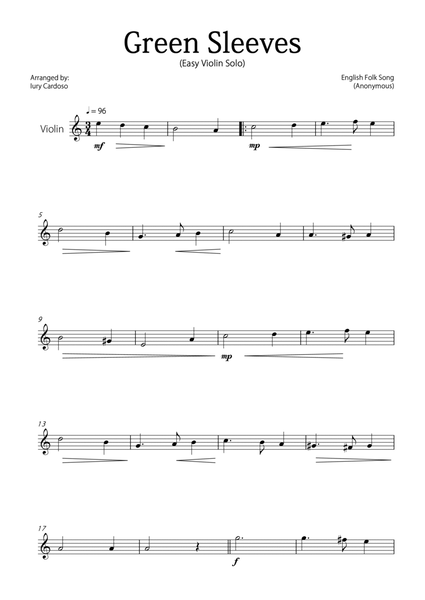 "Green Sleeves" - Beautiful easy version for VIOLIN SOLO. image number null