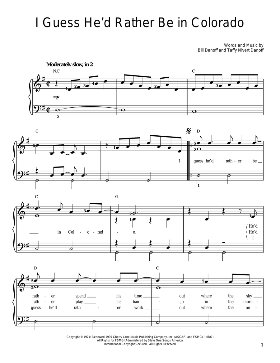 I Guess He'd Rather Be In Colorado Easy Piano scores gallery preview page 1