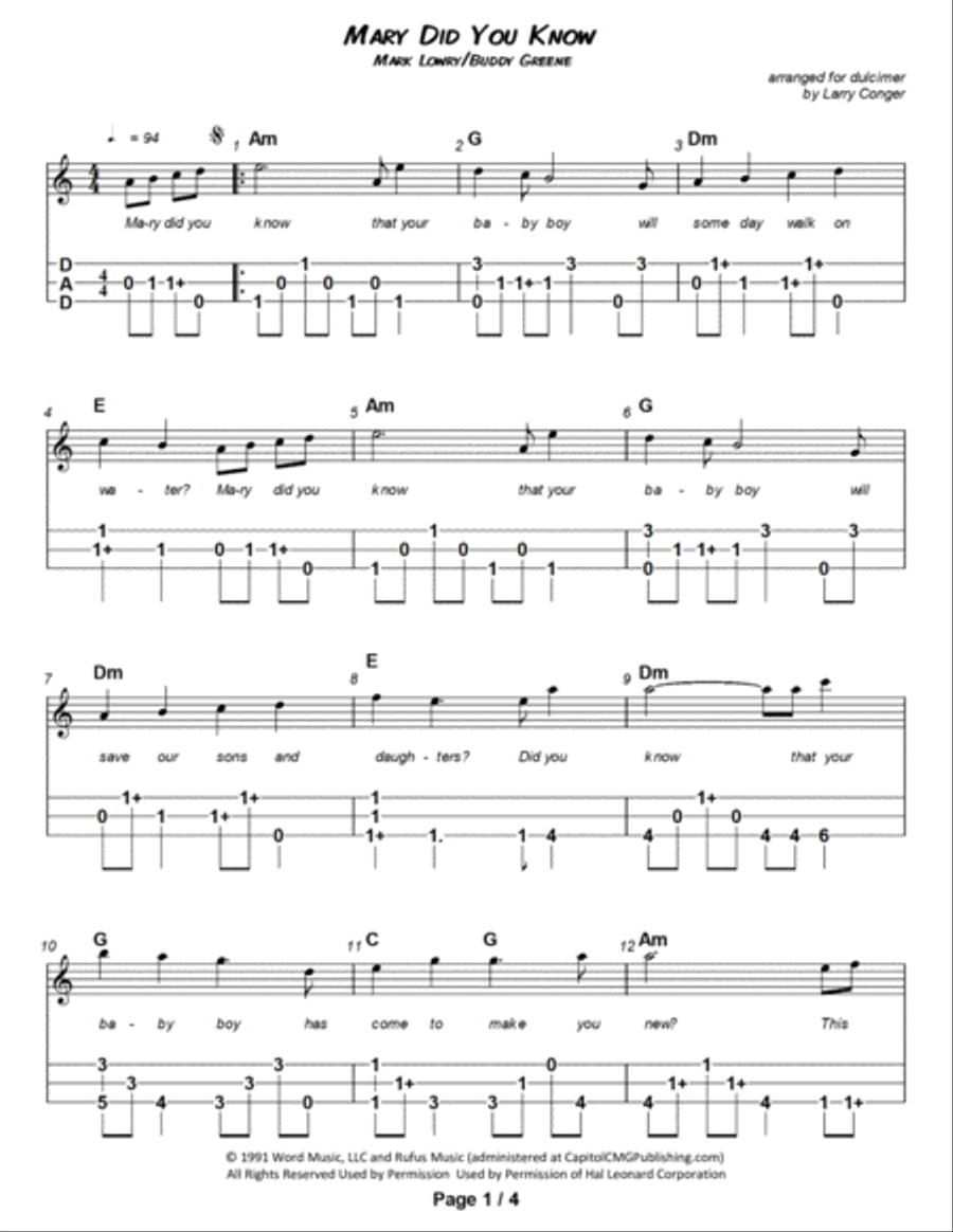 Mary, Did You Know? Dulcimer scores gallery preview page 2