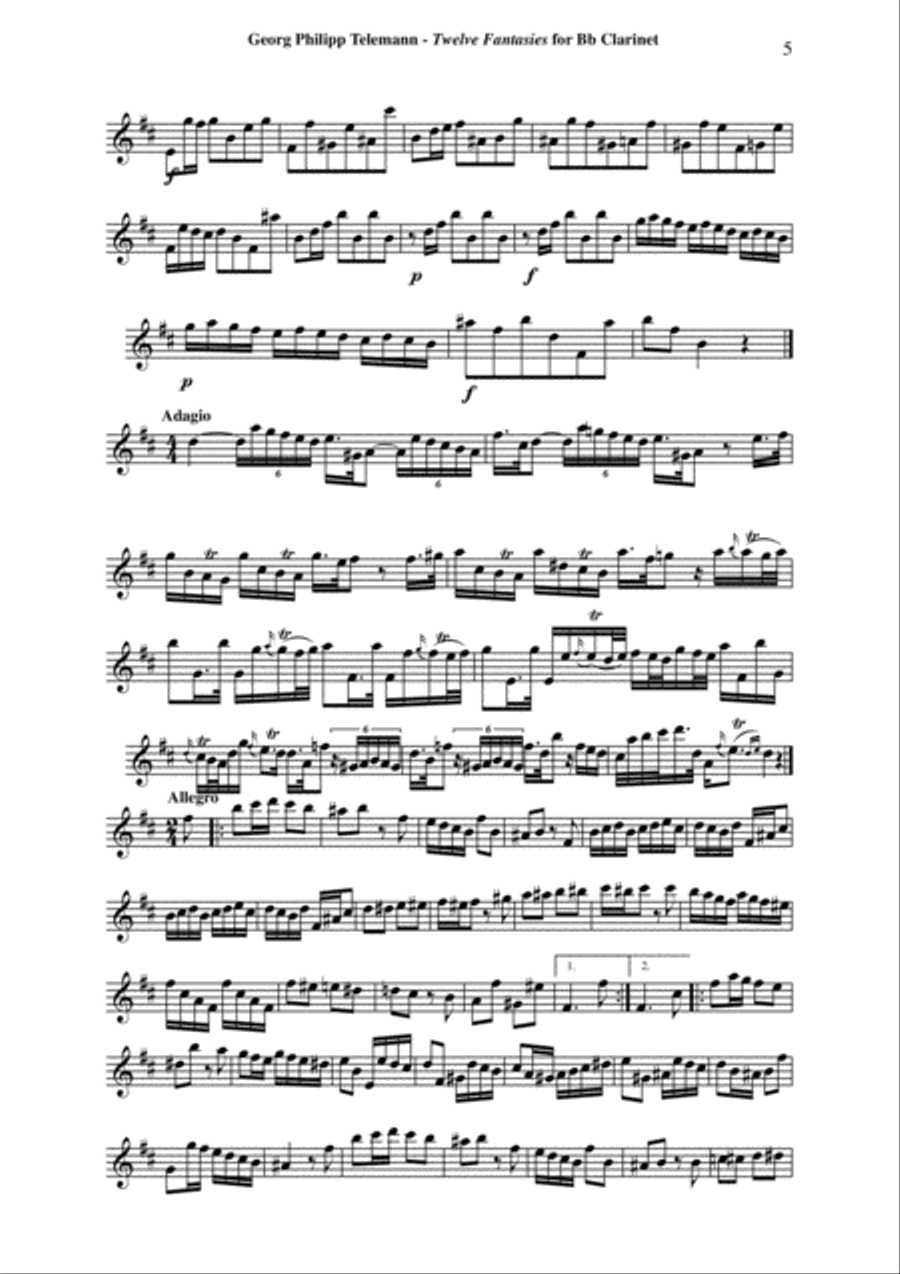 Georg Philipp Telemann: 12 Fantasias for Flute without Bass, TWV 40:2-13, arranged for Bb clarinet b B-Flat Clarinet scores gallery preview page 5