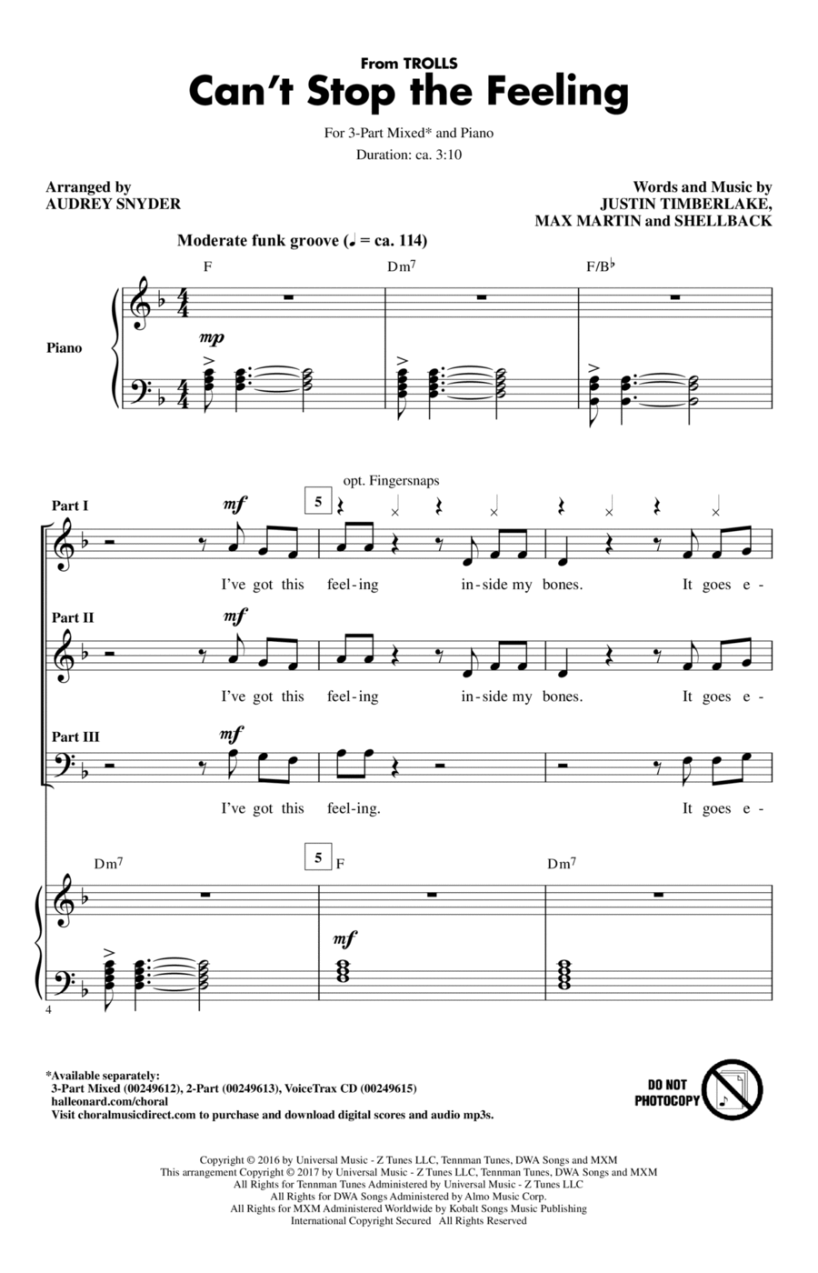 Can't Stop The Feeling (from Trolls) (arr. Audrey Snyder) 3-Part scores gallery preview page 1