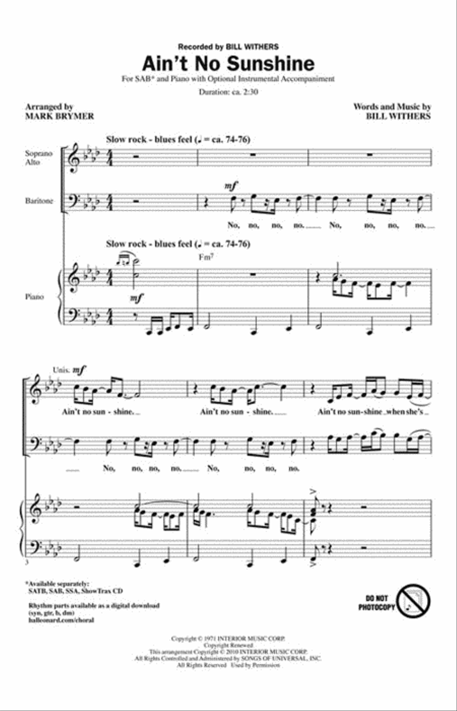 Ain't No Sunshine 3-Part scores gallery preview page 2
