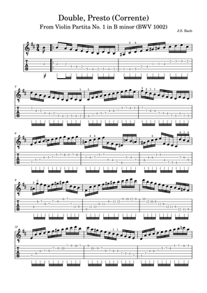 J.S. Bach: Double (Presto) (From Violin Partita No. 1 in B minor BWV 1002) Adaptation for E. Guitar